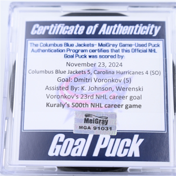 Dmitri Voronkov - Columbus Blue Jackets - Goal Puck - November 23, 2024 vs. Carolina Hurricanes (Blue Jackets Logo)