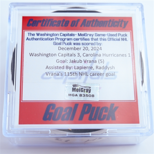 Jakub Vrana - Washington Capitals - Goal Puck - December 20, 2024 vs. Carolina Hurricanes (Capitals 50th Anniversary Logo)