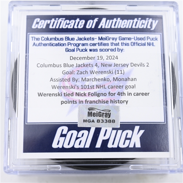 Zach Werenski - Columbus Blue Jackets - Goal Puck - December 19, 2024 vs. New Jersey Devils (Blue Jackets Logo)