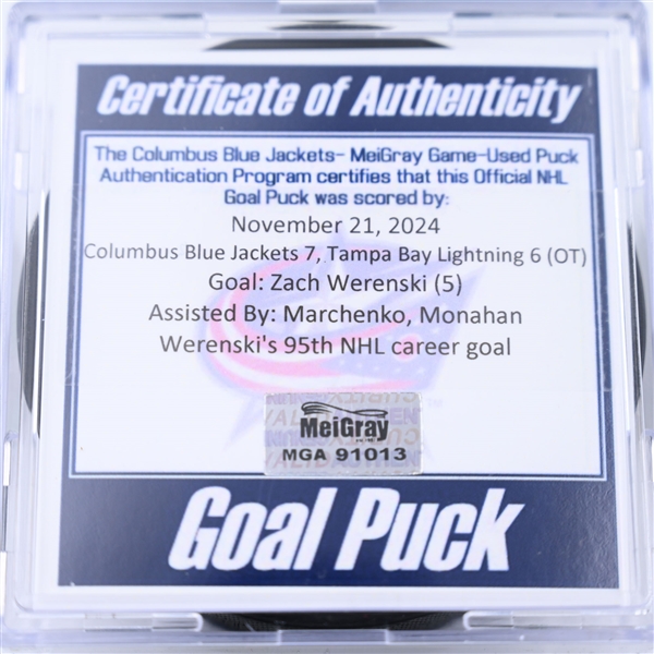 Zach Werenski - Columbus Blue Jackets - Goal Puck - November 21, 2024 vs. Tampa Bay Lightning (Blue Jackets Logo)