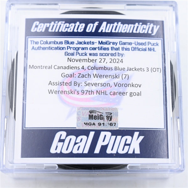 Zach Werenski - Columbus Blue Jackets - Goal Puck - November 27, 2024 vs. Montreal Canadiens (Blue Jackets Logo)
