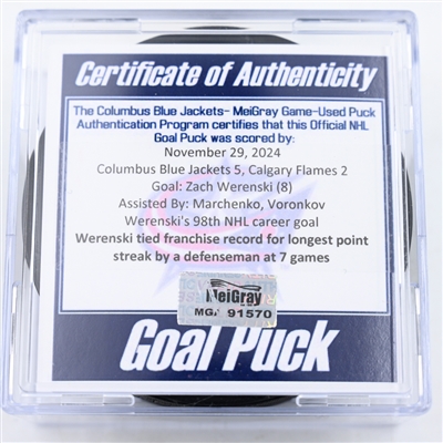 Zach Werenski - Columbus Blue Jackets - Goal Puck - November 29, 2024 vs. Calgary Flames (Blue Jackets Logo)