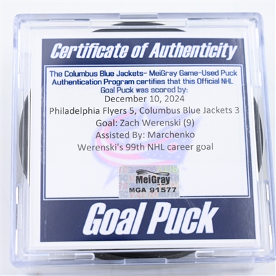 Zach Werenski - Columbus Blue Jackets - Goal Puck - December 10, 2024 vs. Philadelphia Flyers (Blue Jackets Logo)