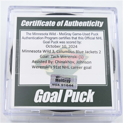 Zach Werenski - Columbus Blue Jackets - Goal Puck - October 10, 2024 vs. Minnesota Wild (Wild Logo)