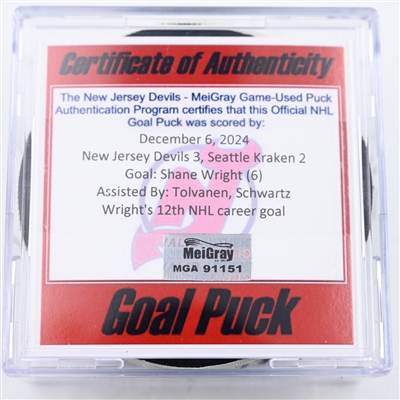 Shane Wright - Seattle Kraken - Goal Puck - December 6, 2024 vs. New Jersey Devils (Devils Logo)