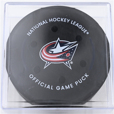 Pavel Zacha - Boston Bruins - Goal Puck - December 27, 2024 vs. Columbus Blue Jackets (Blue Jackets Logo)