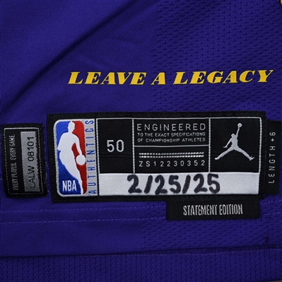 Dalton Knecht - Los Angeles Lakers - Statement Edition - Worn 2 Games - 2/22/25 & 2/25/25 - 2024-25 NBA Season