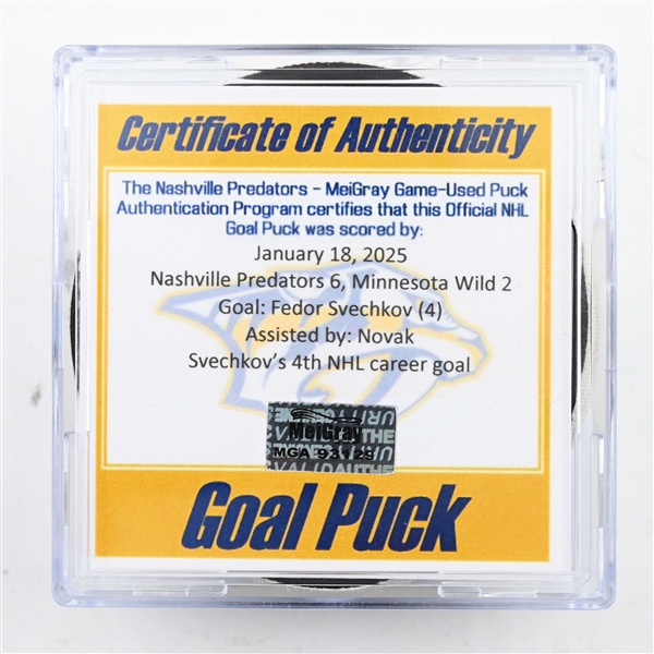 Fedor Svechkov - Nashville Predators - Goal Puck - January 18, 2025 vs. Minnesota Wild (Predators Logo)