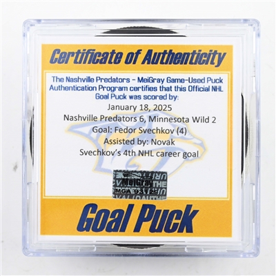 Fedor Svechkov - Nashville Predators - Goal Puck - January 18, 2025 vs. Minnesota Wild (Predators Logo)