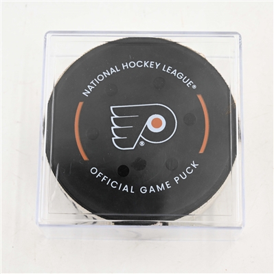 Connor Zary - Calgary Flames - Goal Puck - March 4, 2025 vs. Philadelphia Flyers (Flyers Logo)