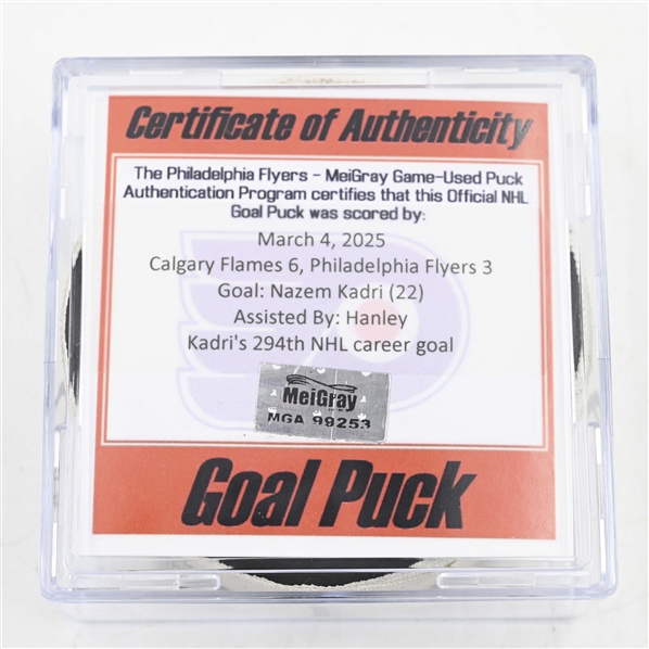 Nazem Kadri - Calgary Flames - Goal Puck - March 4, 2025 vs. Philadelphia Flyers (Flyers Logo)