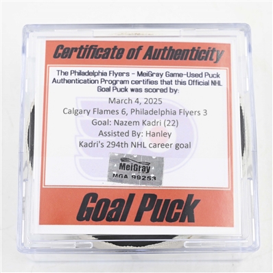 Nazem Kadri - Calgary Flames - Goal Puck - March 4, 2025 vs. Philadelphia Flyers (Flyers Logo)