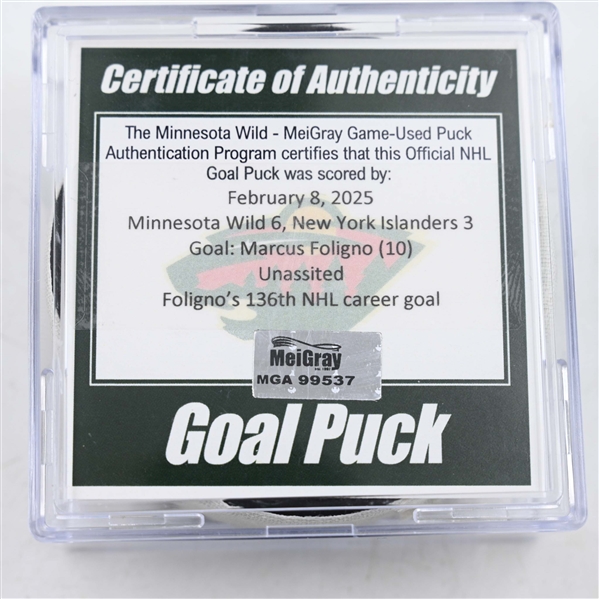 Marcus Foligno - Minnesota Wild - Goal Puck - February 8, 2025 vs. New York Islanders (Wild Logo)