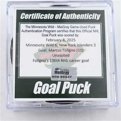 Marcus Foligno - Minnesota Wild - Goal Puck - February 8, 2025 vs. New York Islanders (Wild Logo)