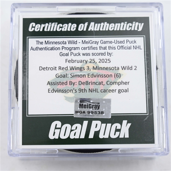 Simon Edvinsson - Detroit Red Wings - Goal Puck - February 25, 2025 vs. Minnesota Wild (Wild Logo)