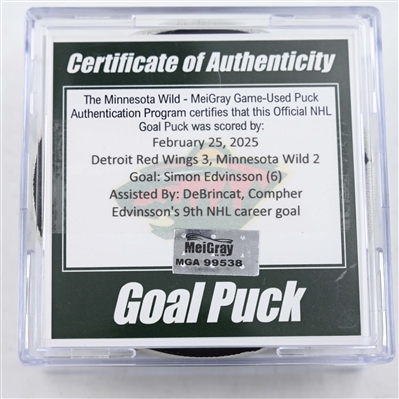 Simon Edvinsson - Detroit Red Wings - Goal Puck - February 25, 2025 vs. Minnesota Wild (Wild Logo)