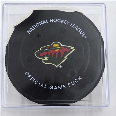 Simon Edvinsson - Detroit Red Wings - Goal Puck - February 25, 2025 vs. Minnesota Wild (Wild Logo)
