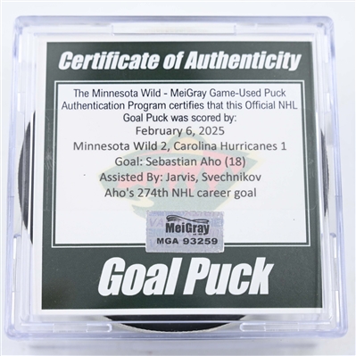 Sebastian Aho - Carolina Hurricanes - Goal Puck - February 6, 2025 vs. Minnesota Wild (Wild Logo)