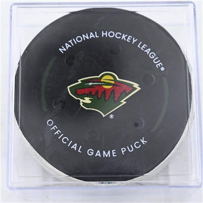 Sebastian Aho - Carolina Hurricanes - Goal Puck - February 6, 2025 vs. Minnesota Wild (Wild Logo)