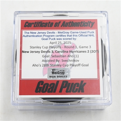 Sebastian Aho - Carolina Hurricanes - Goal Puck - April 25, 2025 vs. New Jersey Devils - 2025 Stanley Cup Playoffs - Round 1, Game 3 (Devils Logo) 