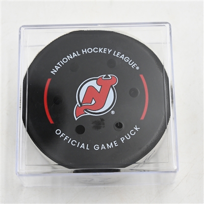 Sebastian Aho - Carolina Hurricanes - Goal Puck - April 25, 2025 vs. New Jersey Devils - 2025 Stanley Cup Playoffs - Round 1, Game 3 (Devils Logo) 