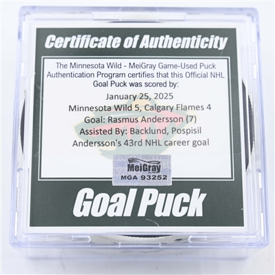 Rasmus Andersson - Calgary Flames - Goal Puck - January 25, 2025 vs. Minnesota Wild (Wild Logo)