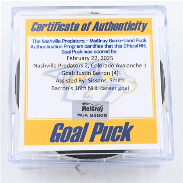 Justin Barron - Nashville Predators - Goal Puck - February 22, 2025 vs. Colorado Avalanche (Predators Logo)