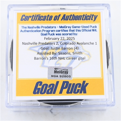 Justin Barron - Nashville Predators - Goal Puck - February 22, 2025 vs. Colorado Avalanche (Predators Logo)