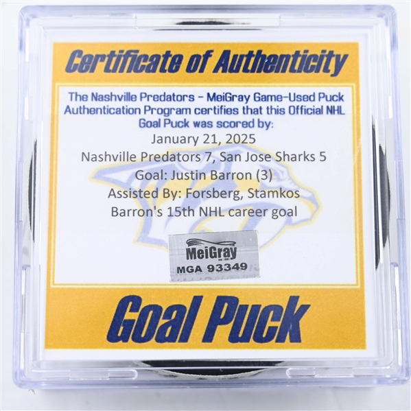 Justin Barron - Nashville Predators - Goal Puck - January 21, 2025 vs. San Jose Sharks (Predators Logo)