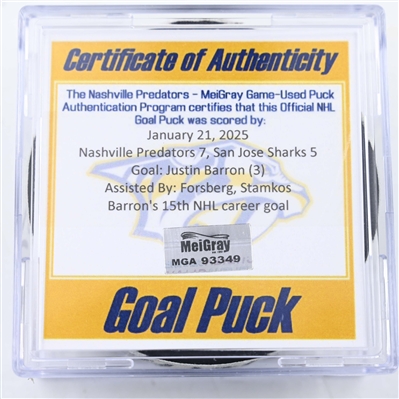 Justin Barron - Nashville Predators - Goal Puck - January 21, 2025 vs. San Jose Sharks (Predators Logo)