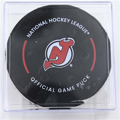 Nathan Bastian - New Jersey Devils - Goal Puck - January 29, 2025 vs. Philadelphia Flyers (Devils Logo)