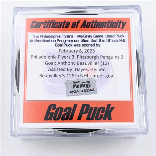 Anthony Beauvillier - Pittsburgh Penguins - Goal Puck - February 8, 2025 vs. Philadelphia Flyers (Flyers Logo)