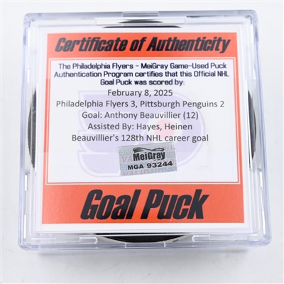 Anthony Beauvillier - Pittsburgh Penguins - Goal Puck - February 8, 2025 vs. Philadelphia Flyers (Flyers Logo)