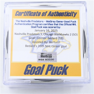 Connor Bedard - Chicago Blackhawks - Goal Puck - January 16, 2025 vs. Nashville Predators (Predators Logo)
