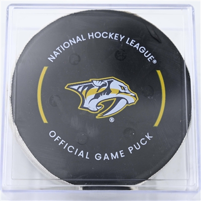 Connor Bedard - Chicago Blackhawks - Goal Puck - January 16, 2025 vs. Nashville Predators (Predators Logo)