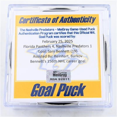 Sam Bennett - Florida Panthers - Goal Puck - February 25, 2025 vs. Nashville Predators (Predators Logo)