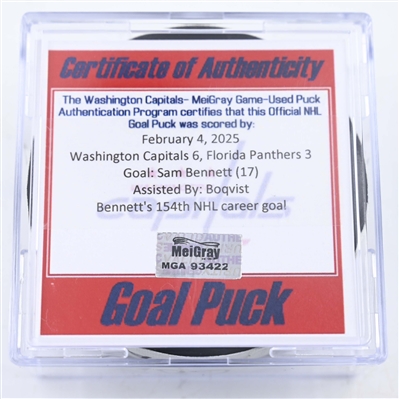 Sam Bennett - Florida Panthers - Goal Puck - February 4, 2025 vs. Washington Capitals (Capitals 50th Anniversary Logo)