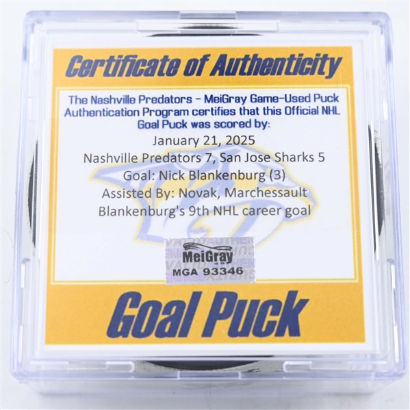Nick Blankenburg - Nashville Predators - Goal Puck - January 21, 2025 vs. San Jose Sharks (Predators Logo)