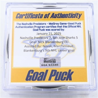 Nick Blankenburg - Nashville Predators - Goal Puck - January 21, 2025 vs. San Jose Sharks (Predators Logo)