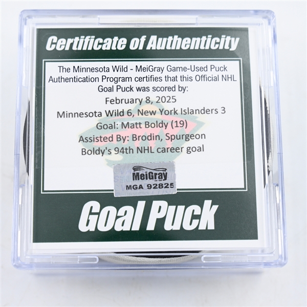 Matt Boldy - Minnesota Wild - Goal Puck - February 8, 2025 vs. New York Islanders (Wild Logo)