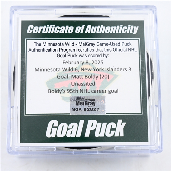 Matt Boldy - Minnesota Wild - Goal Puck - February 8, 2025 vs. New York Islanders (Wild Logo)