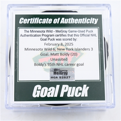 Matt Boldy - Minnesota Wild - Goal Puck - February 8, 2025 vs. New York Islanders (Wild Logo)