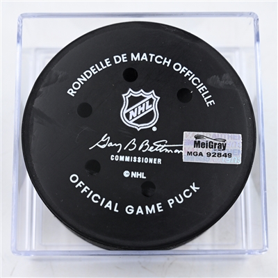 Mavrik Bourque - Dallas Stars - Goal Puck - February 26, 2025 vs. Columbus Blue Jackets (Blue Jackets Logo)