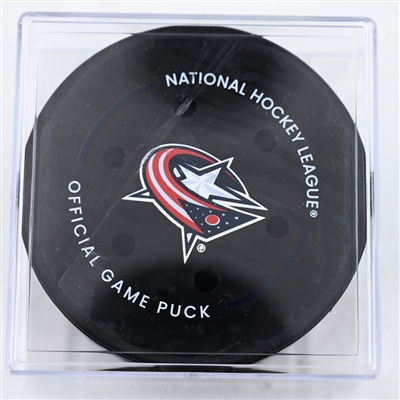 Mavrik Bourque - Dallas Stars - Goal Puck - February 26, 2025 vs. Columbus Blue Jackets (Blue Jackets Logo)