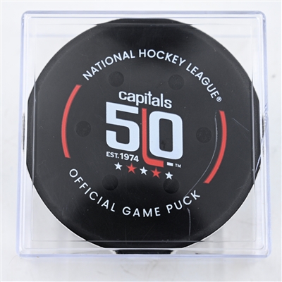 Philip Broberg - St. Louis Blues - Goal Puck - February 27, 2025 vs. Washington Capitals (Capitals' 50th Anniversary Logo)