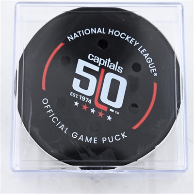 Philip Broberg - St. Louis Blues - Goal Puck - February 27, 2025 vs. Washington Capitals (Capitals' 50th Anniversary Logo)