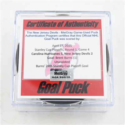 Brent Burns - Carolina Hurricanes - Goal Puck - April 27, 2025 vs. New Jersey Devils - 2025 Stanley Cup Playoffs - Round 1, Game 4 (Devils Logo)