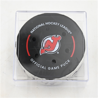Brent Burns - Carolina Hurricanes - Goal Puck - April 27, 2025 vs. New Jersey Devils - 2025 Stanley Cup Playoffs - Round 1, Game 4 (Devils Logo)