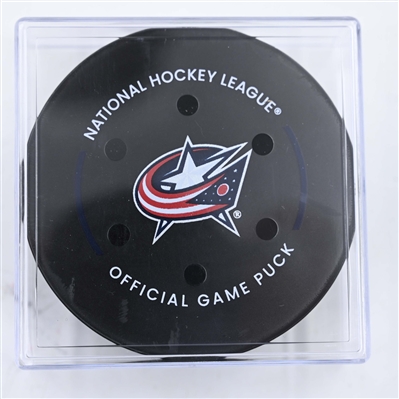 Quinton Byfield - Los Angeles Kings - Goal Puck - January 25, 2025 vs. Columbus Blue Jackets (Blue Jackets Logo)