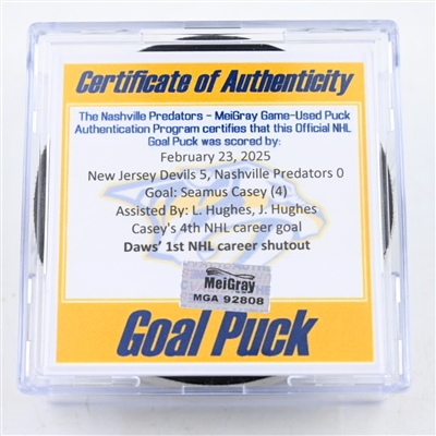 Seamus Casey - New Jersey Devils - Goal Puck - February 23, 2025 vs. Nashville Predators (Predators Logo)
